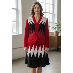 Donna Vinci Knits Set Sz 12 Red Black Wool Blend Vtg Rhinestone Skirt Suit Color